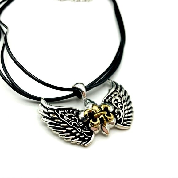 Winged Pendant Necklace & Earring Set With Black Cord & Fleur-De-Lis Design Lead - Picture 3 of 5